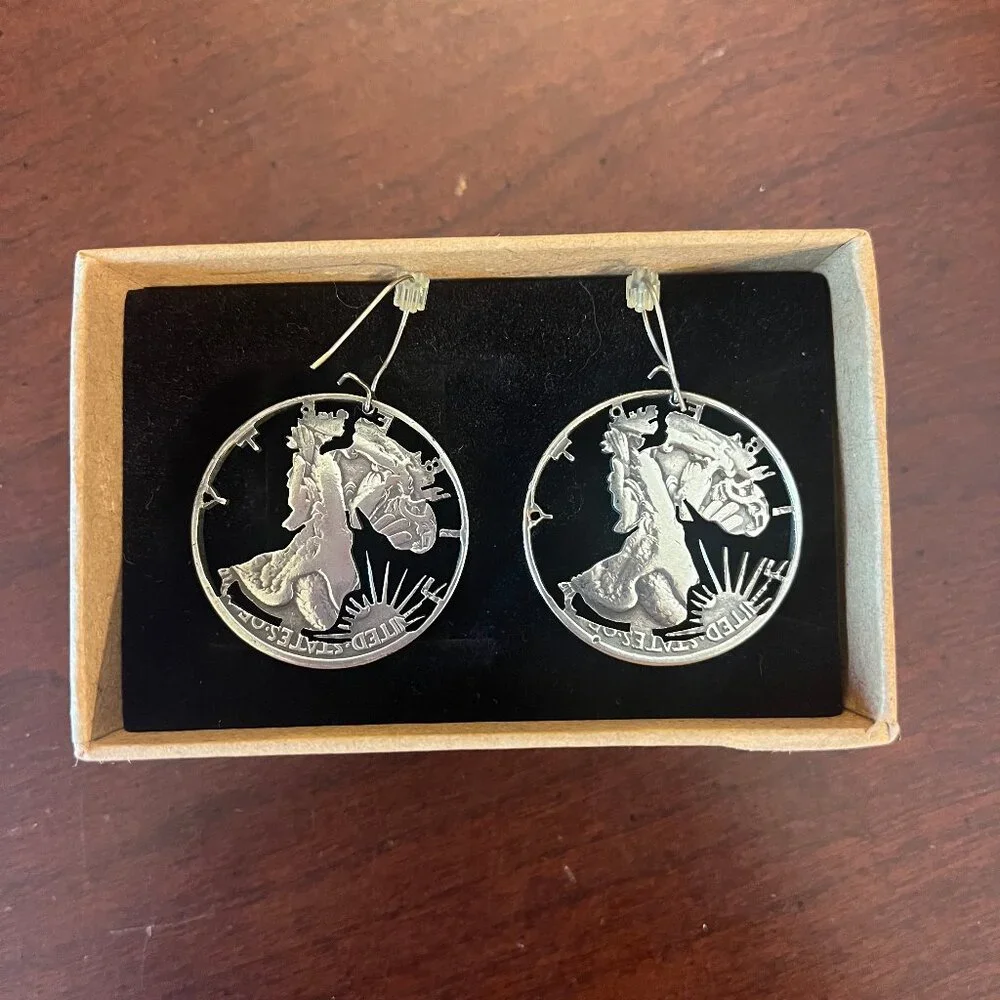 Walking Liberty Silver Coin Cutout Earrings 1943 - Picture 7 of 7